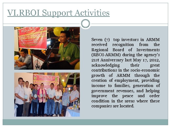 VI. RBOI Support Activities Seven (7) top investors in ARMM received recognition from the