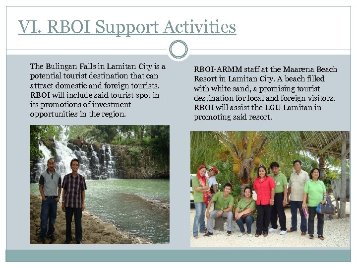 VI. RBOI Support Activities The Bulingan Falls in Lamitan City is a potential tourist