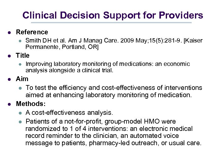 Clinical Decision Support for Providers l Reference l l Title l l l Smith