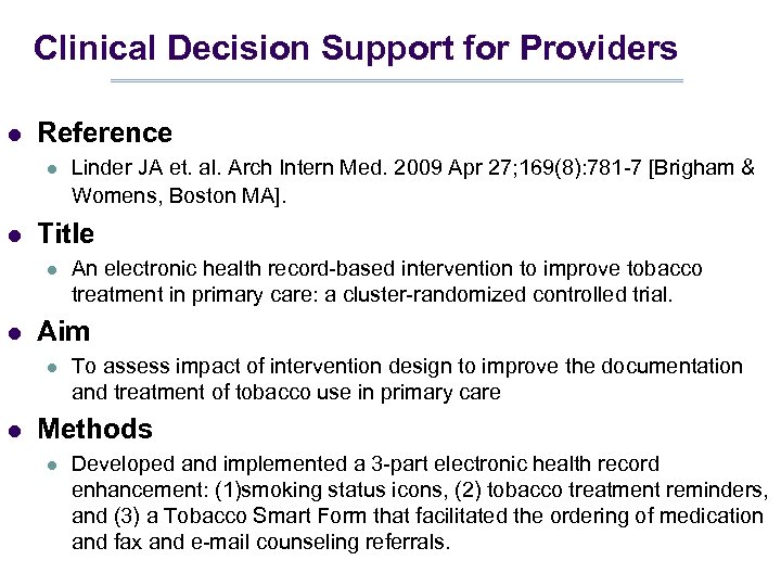 Clinical Decision Support for Providers l Reference l l Title l l An electronic