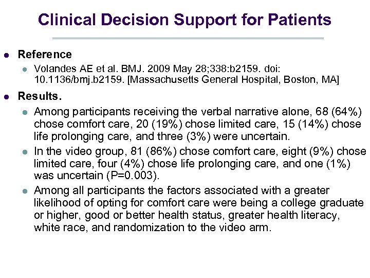 Clinical Decision Support for Patients l Reference l l Volandes AE et al. BMJ.