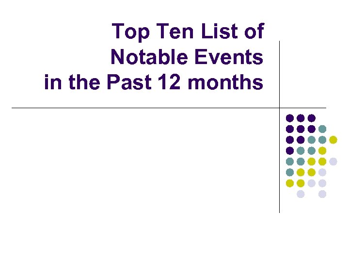 Top Ten List of Notable Events in the Past 12 months 