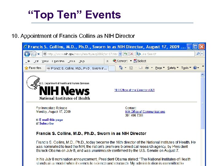 “Top Ten” Events 10. Appointment of Francis Collins as NIH Director 