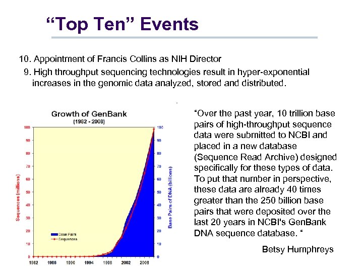 “Top Ten” Events 10. Appointment of Francis Collins as NIH Director 9. High throughput