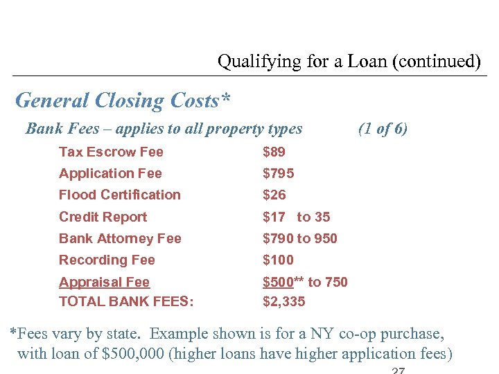 Qualifying for a Loan (continued) General Closing Costs* Bank Fees – applies to all
