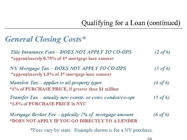 Qualifying for a Loan (continued) General Closing Costs* Title Insurance Fees – DOES NOT