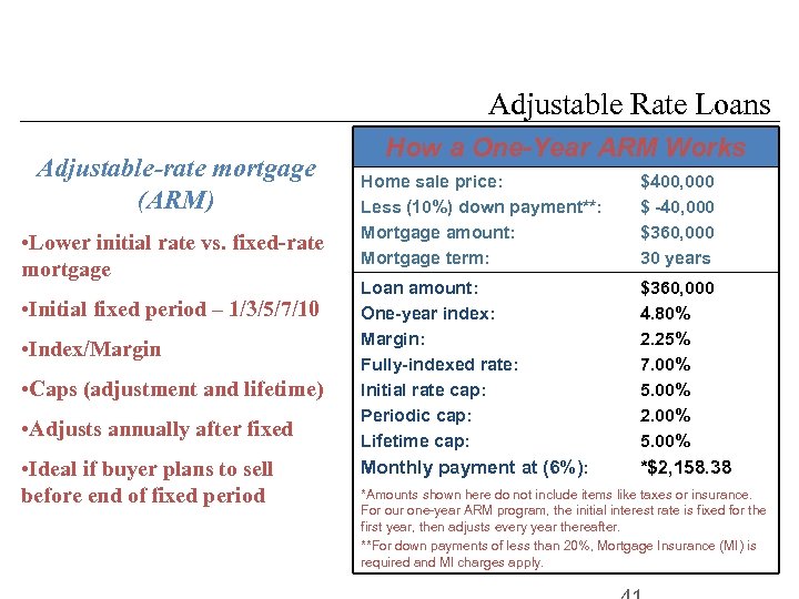 Adjustable Rate Loans Adjustable-rate mortgage (ARM) • Lower initial rate vs. fixed-rate mortgage •