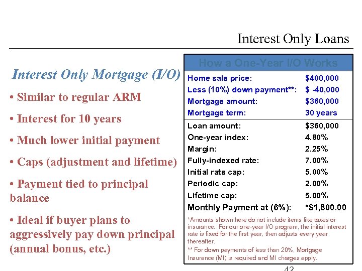 Interest Only Loans Interest Only Mortgage (I/O) • Similar to regular ARM • Interest