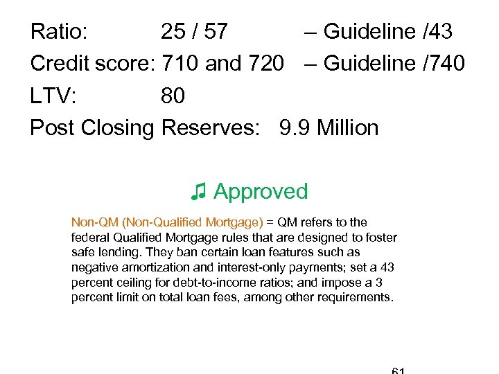 Ratio: 25 / 57 – Guideline /43 Credit score: 710 and 720 – Guideline