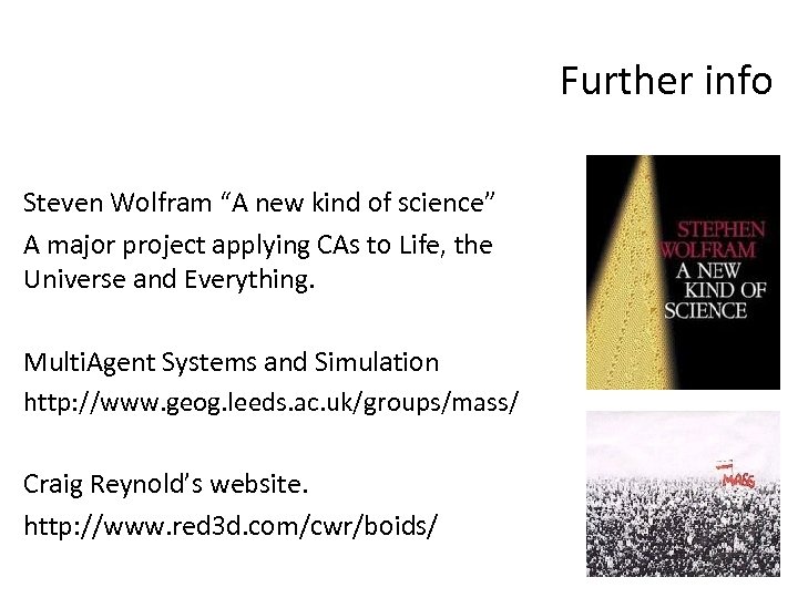 Further info Steven Wolfram “A new kind of science” A major project applying CAs