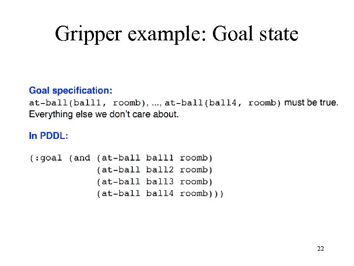 Gripper example: Goal state 22 