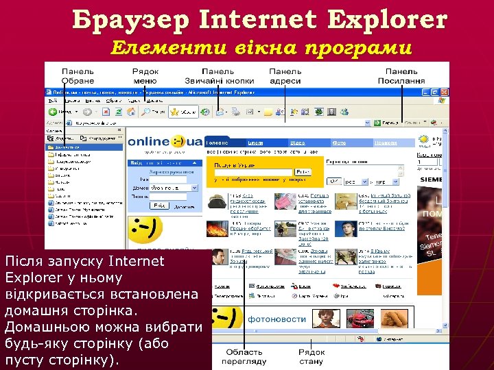 Браузер Internet Explorer Елементи вікна програми Після запуску Internet Explorer у ньому відкривається встановлена