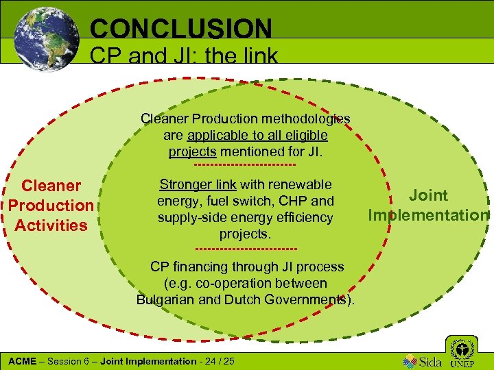 CONCLUSION CP and JI: the link Cleaner Production methodologies are applicable to all eligible