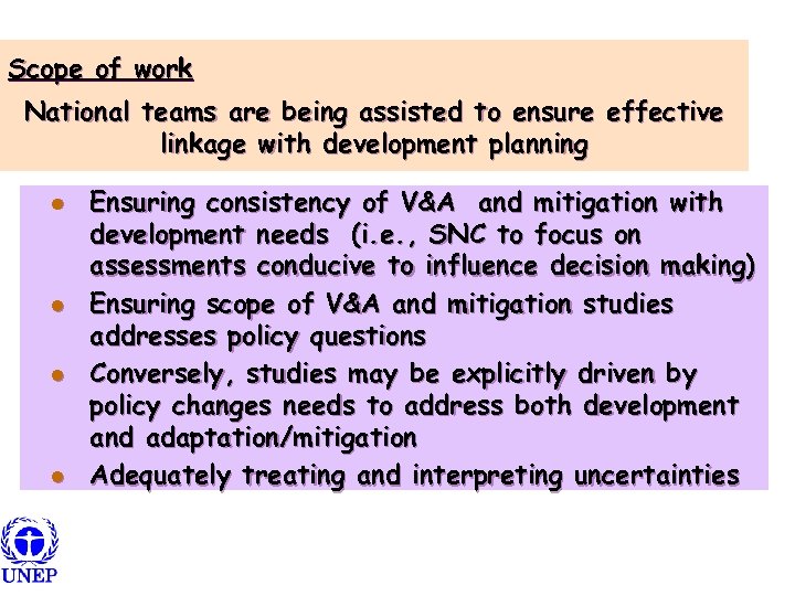 Scope of work National teams are being assisted to ensure effective linkage with development