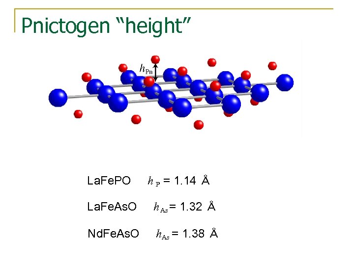 Pnictogen “height” La. Fe. PO h P = 1. 14 Å La. Fe. As.