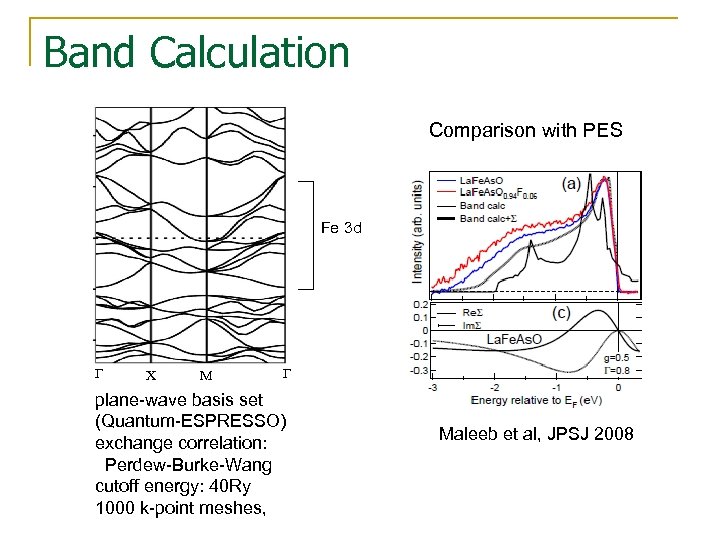 Band Calculation Comparison with PES Fe 3 d G X M G plane-wave basis