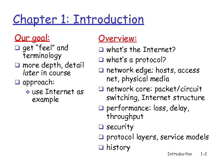 Chapter 1: Introduction Our goal: q get “feel” and terminology q more depth, detail