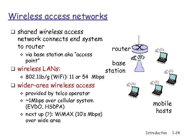 Wireless access networks q shared wireless access network connects end system to router v