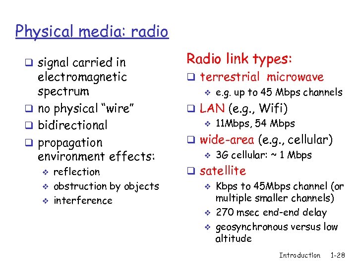 Physical media: radio q signal carried in electromagnetic spectrum q no physical “wire” q