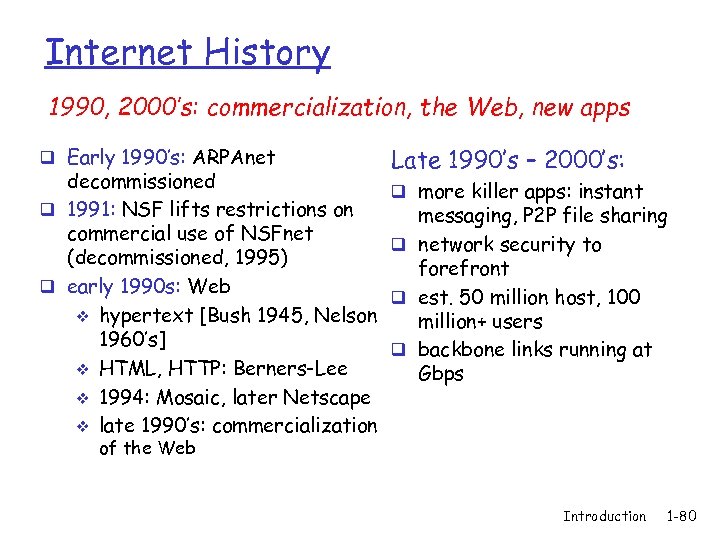 Internet History 1990, 2000’s: commercialization, the Web, new apps q Early 1990’s: ARPAnet decommissioned