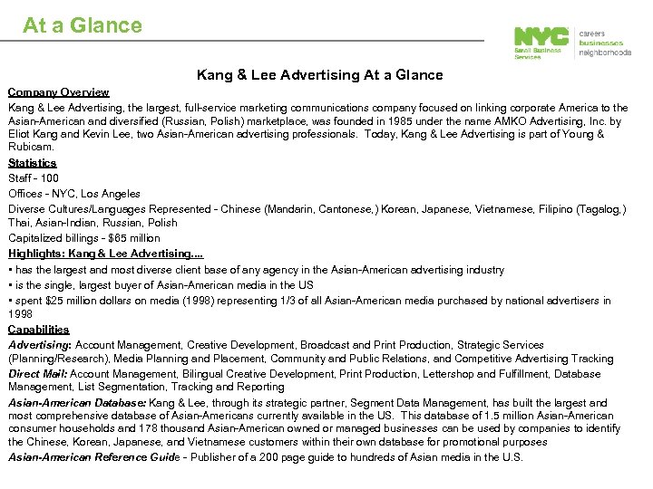 At a Glance Kang & Lee Advertising At a Glance Company Overview Kang &