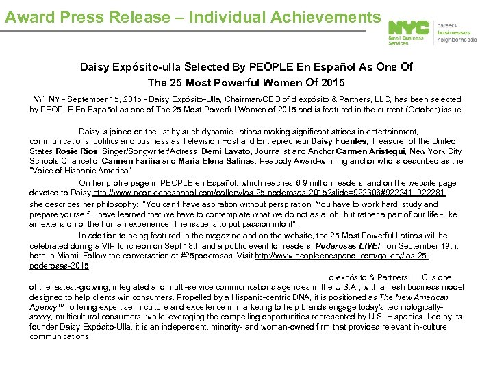 Award Press Release – Individual Achievements Daisy Expósito-ulla Selected By PEOPLE En Español As