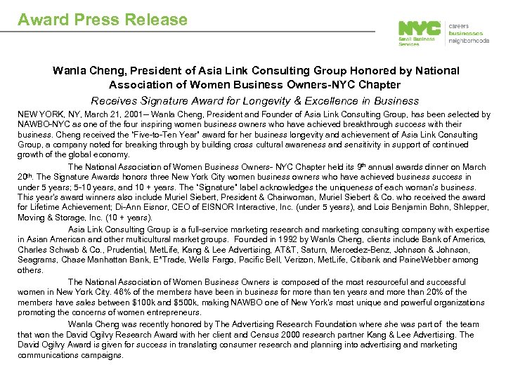 Award Press Release Wanla Cheng, President of Asia Link Consulting Group Honored by National
