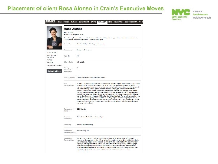 Placement of client Rosa Alonso in Crain’s Executive Moves 