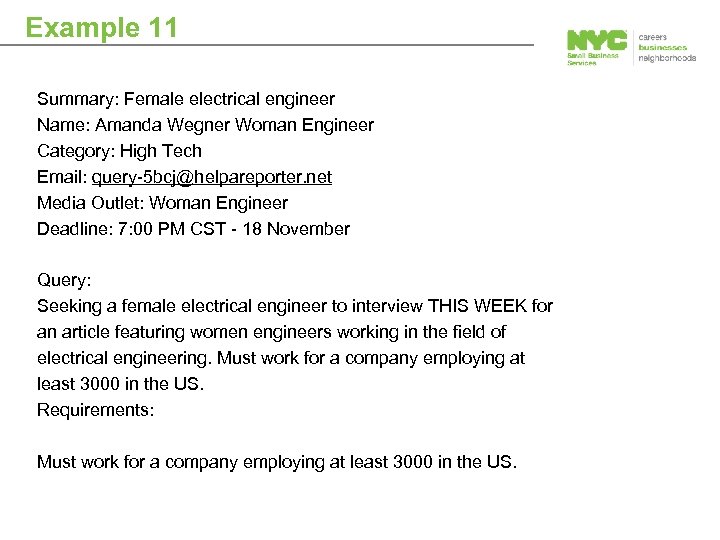 Example 11 Summary: Female electrical engineer Name: Amanda Wegner Woman Engineer Category: High Tech