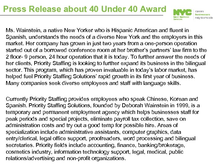 Press Release about 40 Under 40 Award Ms. Wainstein, a native New Yorker who