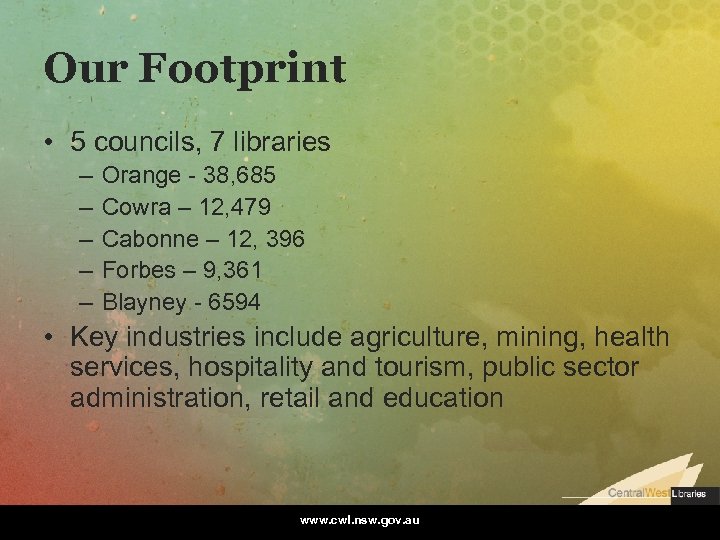 Our Footprint • 5 councils, 7 libraries – – – Orange - 38, 685