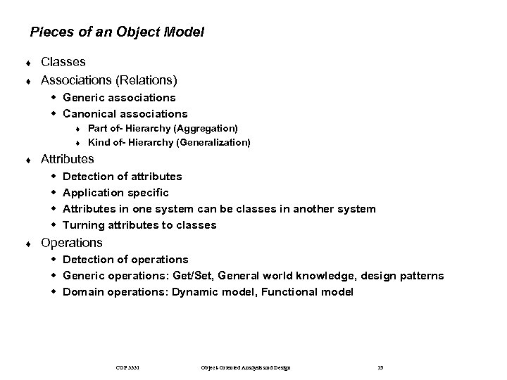 Pieces of an Object Model ¨ ¨ Classes Associations (Relations) w Generic associations w