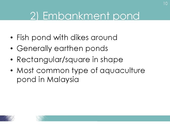 10 2) Embankment pond • • Fish pond with dikes around Generally earthen ponds