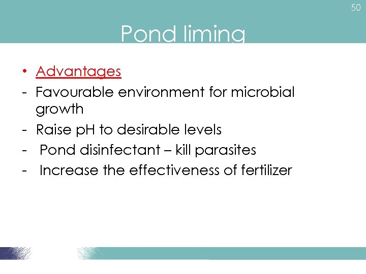 50 Pond liming • Advantages - Favourable environment for microbial growth - Raise p.