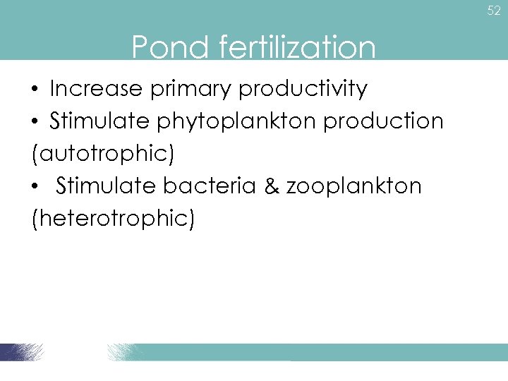 52 Pond fertilization • Increase primary productivity • Stimulate phytoplankton production (autotrophic) • Stimulate