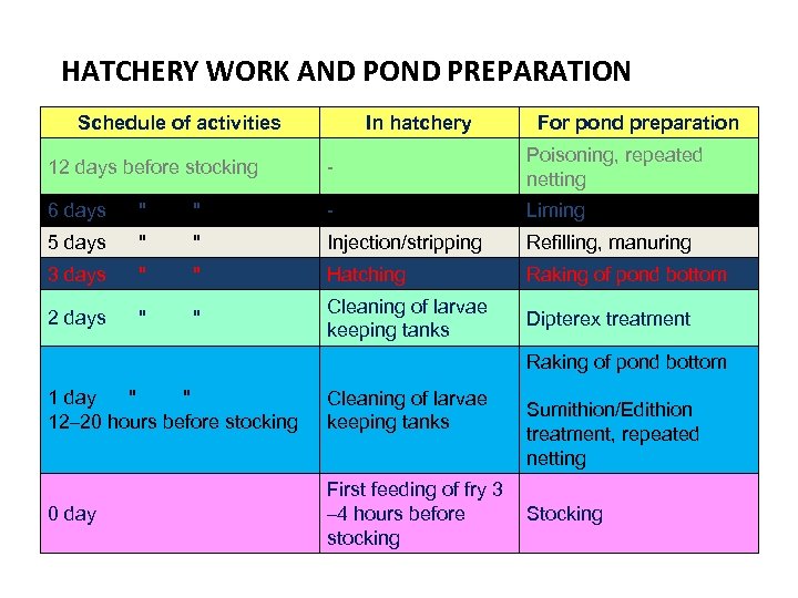 HATCHERY WORK AND POND PREPARATION Schedule of activities In hatchery For pond preparation 12