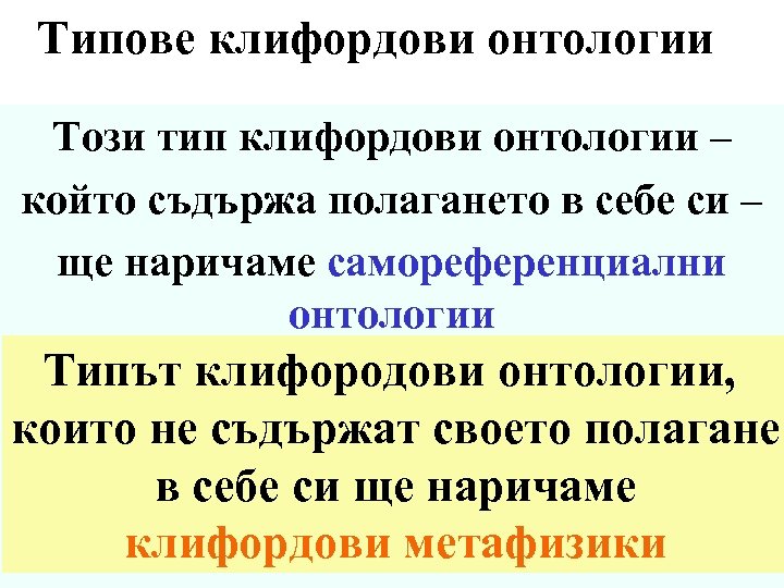 Типове клифордови онтологии Този тип клифордови онтологии – който съдържа полагането в себе си