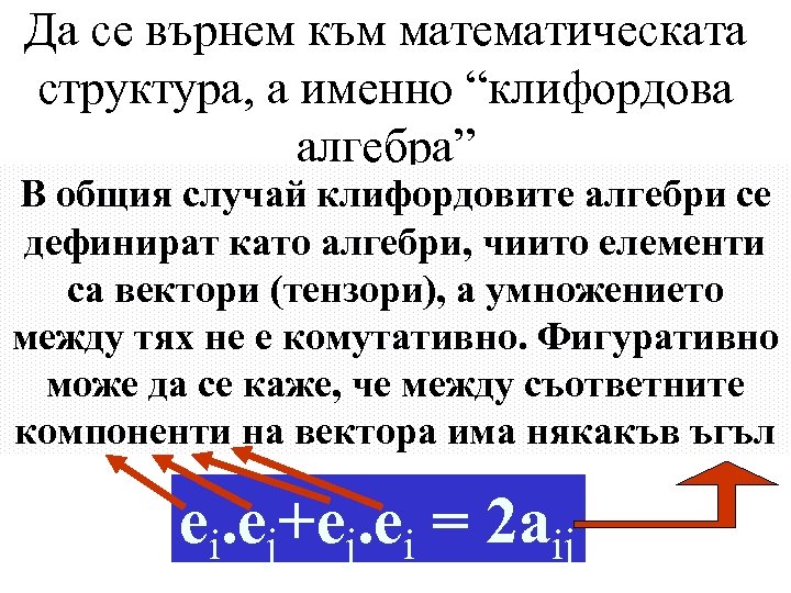 Да се върнем към математическата структура, а именно “клифордова алгебра” В общия случай клифордовите