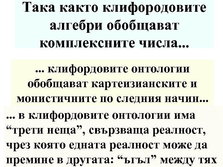 Така както клифородовите алгебри обобщават комплексните числа. . . клифордовите онтологии обобщават картеизианските и