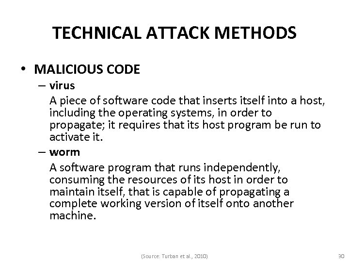 TECHNICAL ATTACK METHODS • MALICIOUS CODE – virus A piece of software code that