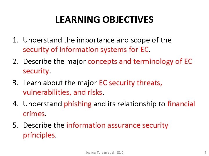 LEARNING OBJECTIVES 1. Understand the importance and scope of the security of information systems