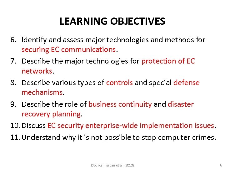 LEARNING OBJECTIVES 6. Identify and assess major technologies and methods for securing EC communications.