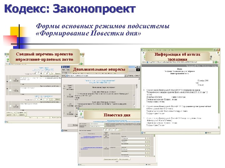 Кодекс: Законопроект Формы основных режимов подсистемы «Формирование Повестки дня» Сводный перечень проектов нормативно-правовых актов