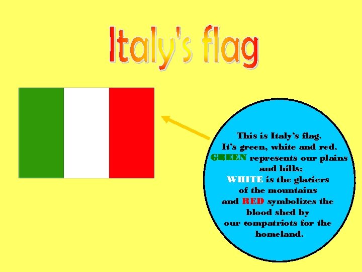 This is Italy’s flag. It’s green, white and red. GREEN represents our plains and