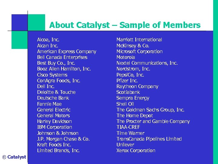 About Catalyst – Sample of Members Alcoa, Inc. Alcan Inc. American Express Company Bell