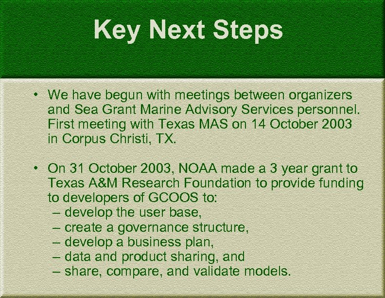 Key Next Steps • We have begun with meetings between organizers and Sea Grant