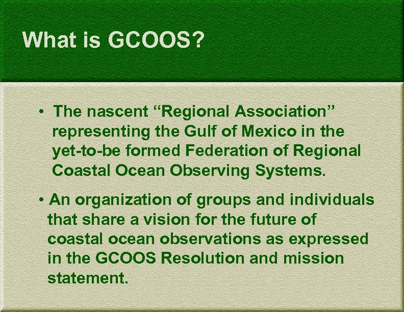 What is GCOOS? • The nascent “Regional Association” representing the Gulf of Mexico in