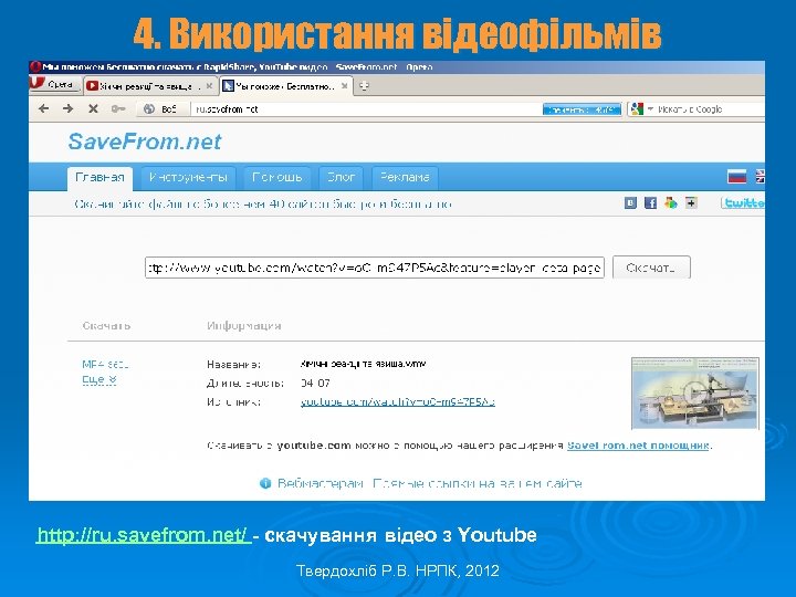 4. Використання відеофільмів http: //ru. savefrom. net/ - скачування відео з Youtube Твердохліб Р.