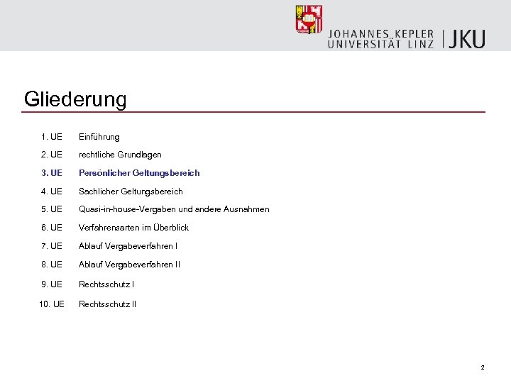 Gliederung 1. UE Einführung 2. UE rechtliche Grundlagen 3. UE Persönlicher Geltungsbereich 4. UE