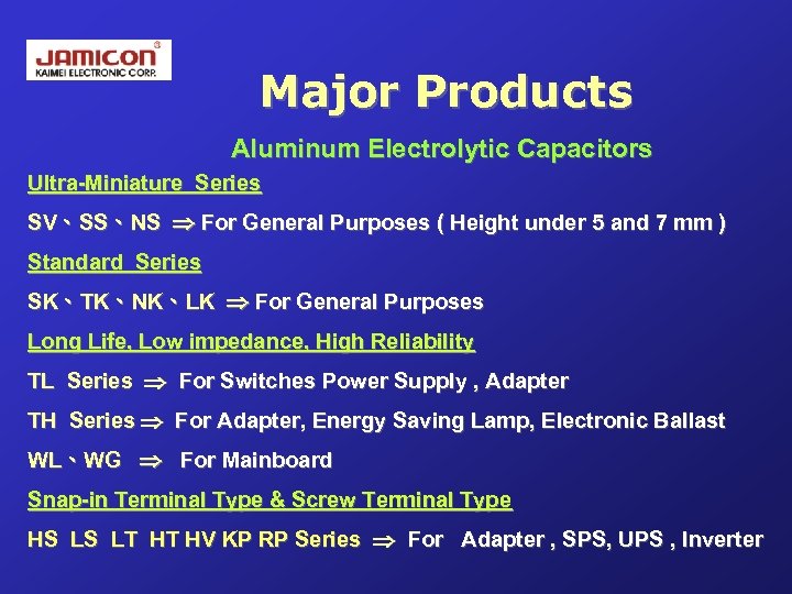 Major Products Aluminum Electrolytic Capacitors Ultra-Miniature Series SV、SS、NS For General Purposes ( Height under